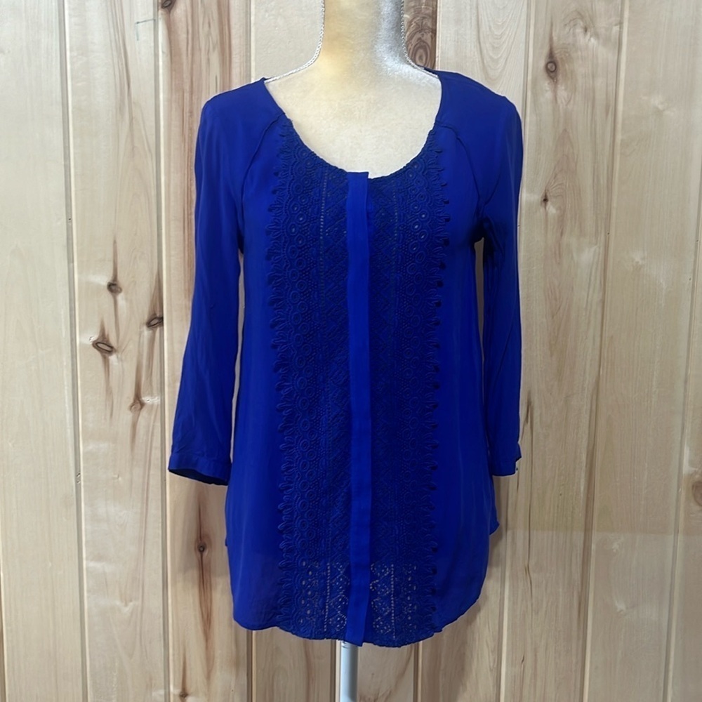 Anthropologie Maeve Blue Crescent Street Crochet Lace Half Sleeve Top Size 4